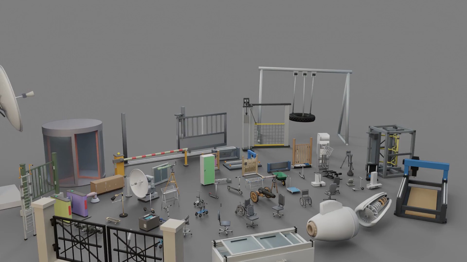 Dozens of articulated assets from the Articraft catalog laid out in a grey render