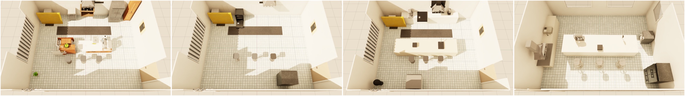 Four top-down views of a kitchen scene across critic-planner revision rounds