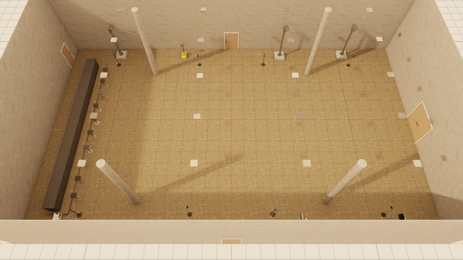 Top-down view of a large room containing mostly floor lamps and scattered stools